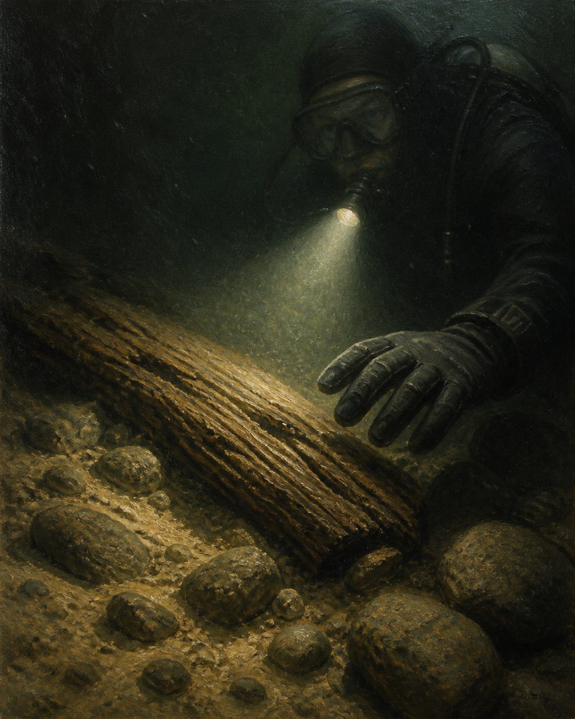 O primeiro mergulho no local: pedras de lastro e madeiras maiores do que as habituais naquela costa. Pintura: cena imaginada.