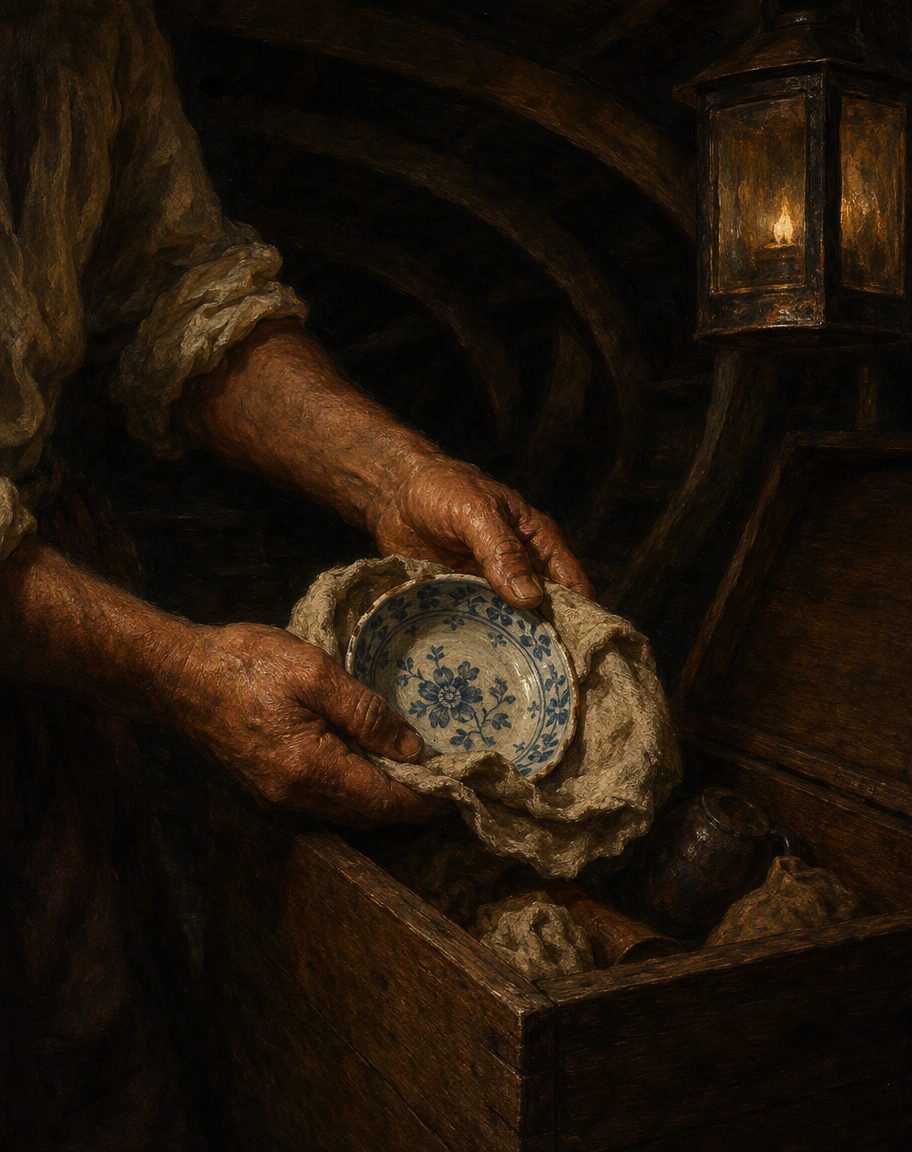 Um prato de porcelana chinesa, guardado no porão, que bem pode já ter sido, nessa altura, um prato de família. Pintura: cena imaginada.