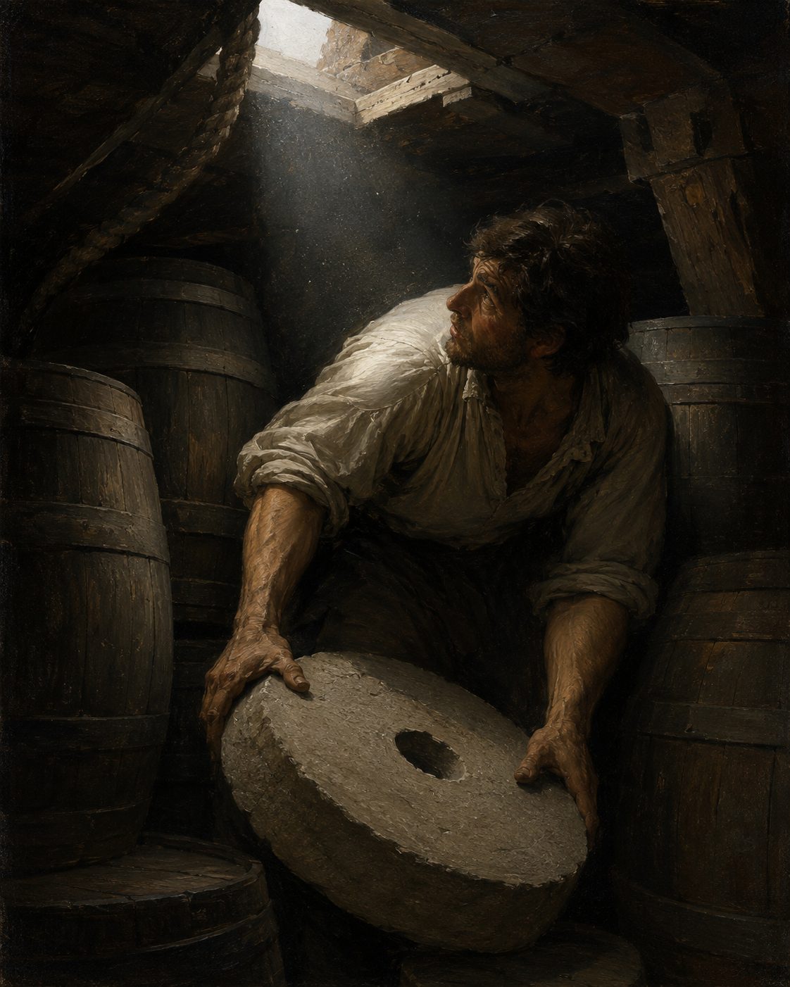 Mós de pedra, cujo transporte a documentação sugere que era proibido, contrabandeadas porque valiam até oito vezes mais na Índia. Pintura: cena imaginada.
