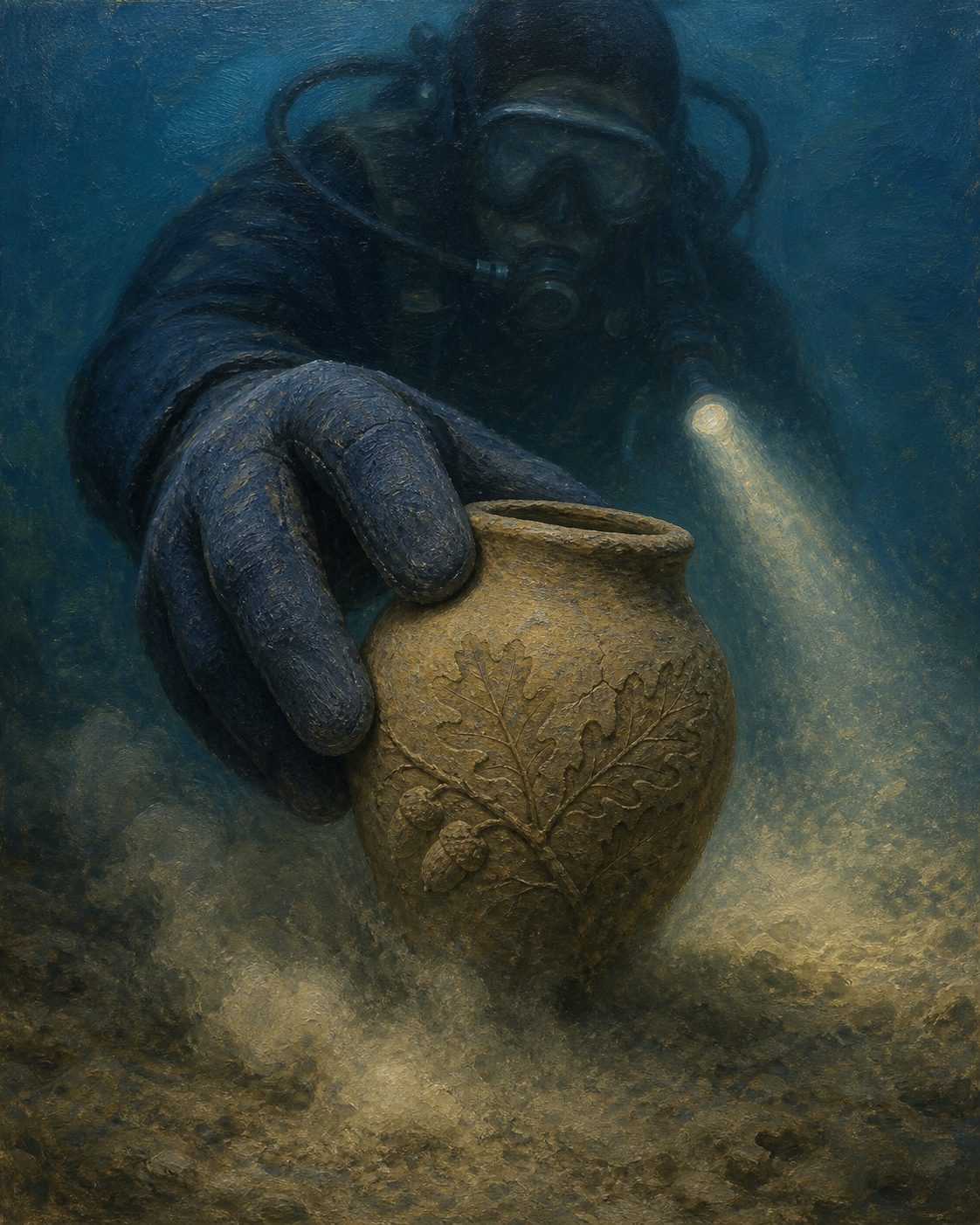Uma jarra de cerâmica com folhas de carvalho e bolotas, recuperada num mergulho de 2025 — uma das pistas no empate técnico entre os dois candidatos ao nome do navio. Pintura: cena imaginada.