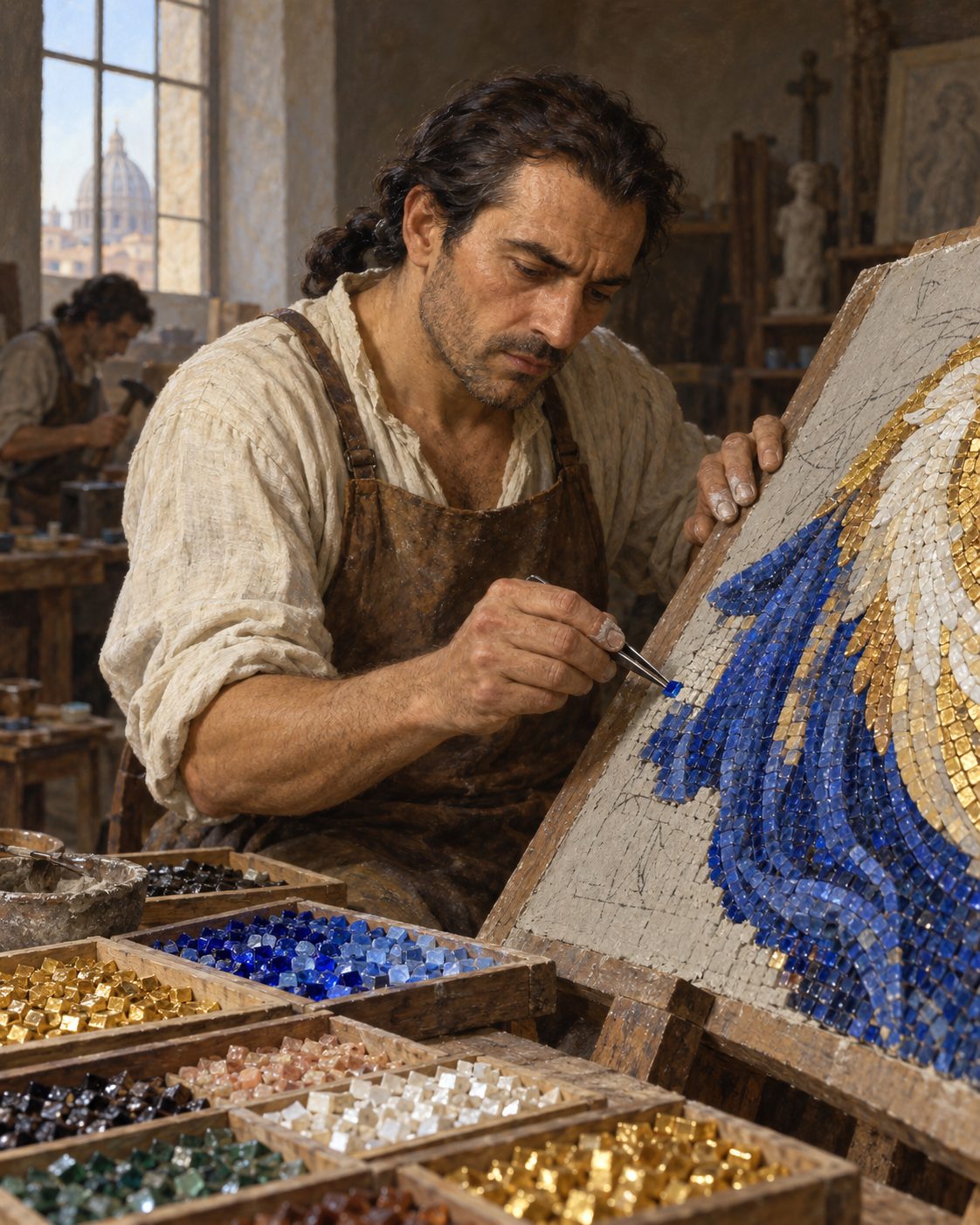 Pintura de um mosaicista da oficina de mosaico de São Pedro, em Roma, a assentar tesselas de vidro num dos quadros: os «quadros» da capela de São João Baptista são mosaico, não telas pintadas (figura genérica, não retrato).