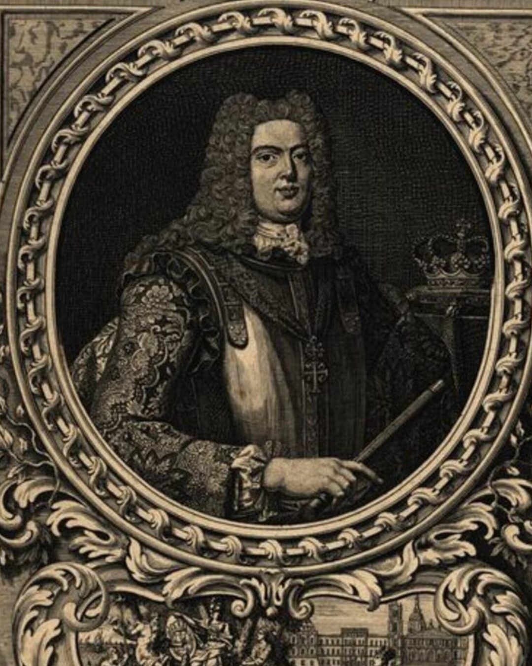 D. João V numa gravura de G. F. L. Debrie de 1743, um ano depois da carta que pediu a Roma «huma Capella de Mosaico, o melhor que fosse possivel» (Biblioteca Nacional de Portugal, domínio público).
