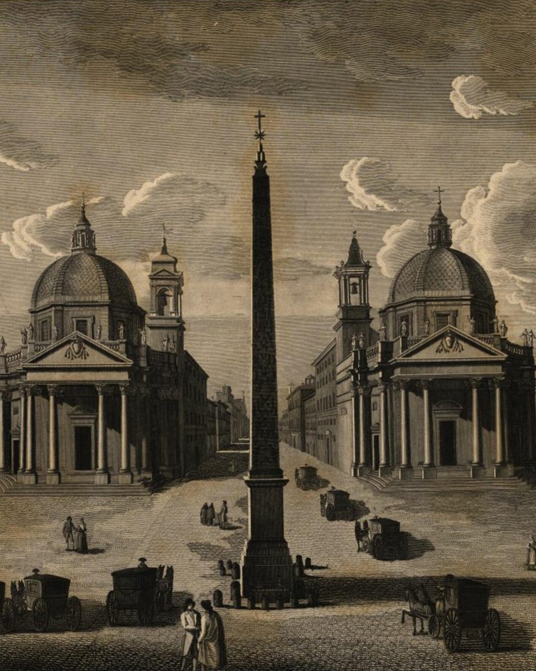 A Piazza del Popolo, em Roma, numa gravura de Morel e Ruga do fim do século XVIII: segundo os documentos publicados por Sousa Viterbo, a capela foi construída num terreno alugado junto a esta praça (Biblioteca Nacional de Portugal, domínio público).