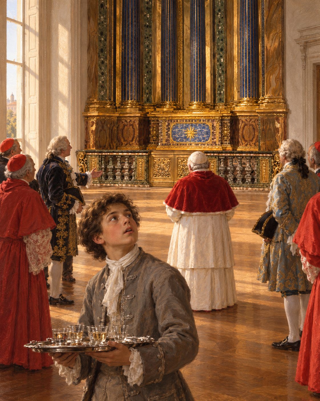 Evocação pintada da visita do Papa Bento XIV à capela armada em Roma, a 23 de abril de 1747, antes de ser desmontada, a partir de uma fotografia real de Daniel Villafruela (CC BY-SA 3.0) (figuras genéricas, não retratos).