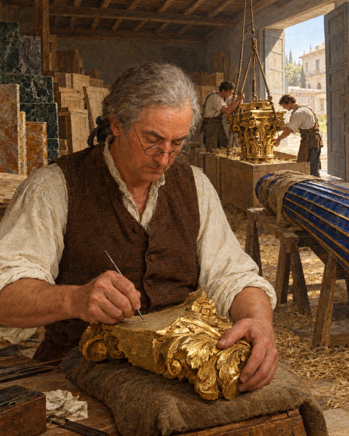 Pintura da capela a ser desmontada e encaixotada em Roma, em 1747: as peças de metal levavam marcas, tal como os parafusos, para tudo voltar a encaixar no seu lugar, como o restauro de 2010–2012 pôde observar (figuras genéricas, não retratos).
