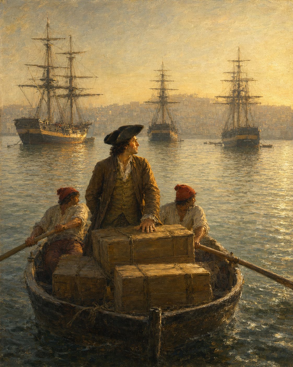 Pintura da chegada a Lisboa, em setembro de 1747, dos três navios que traziam a capela desmontada e os artífices que a vinham montar (figuras genéricas, não retratos).