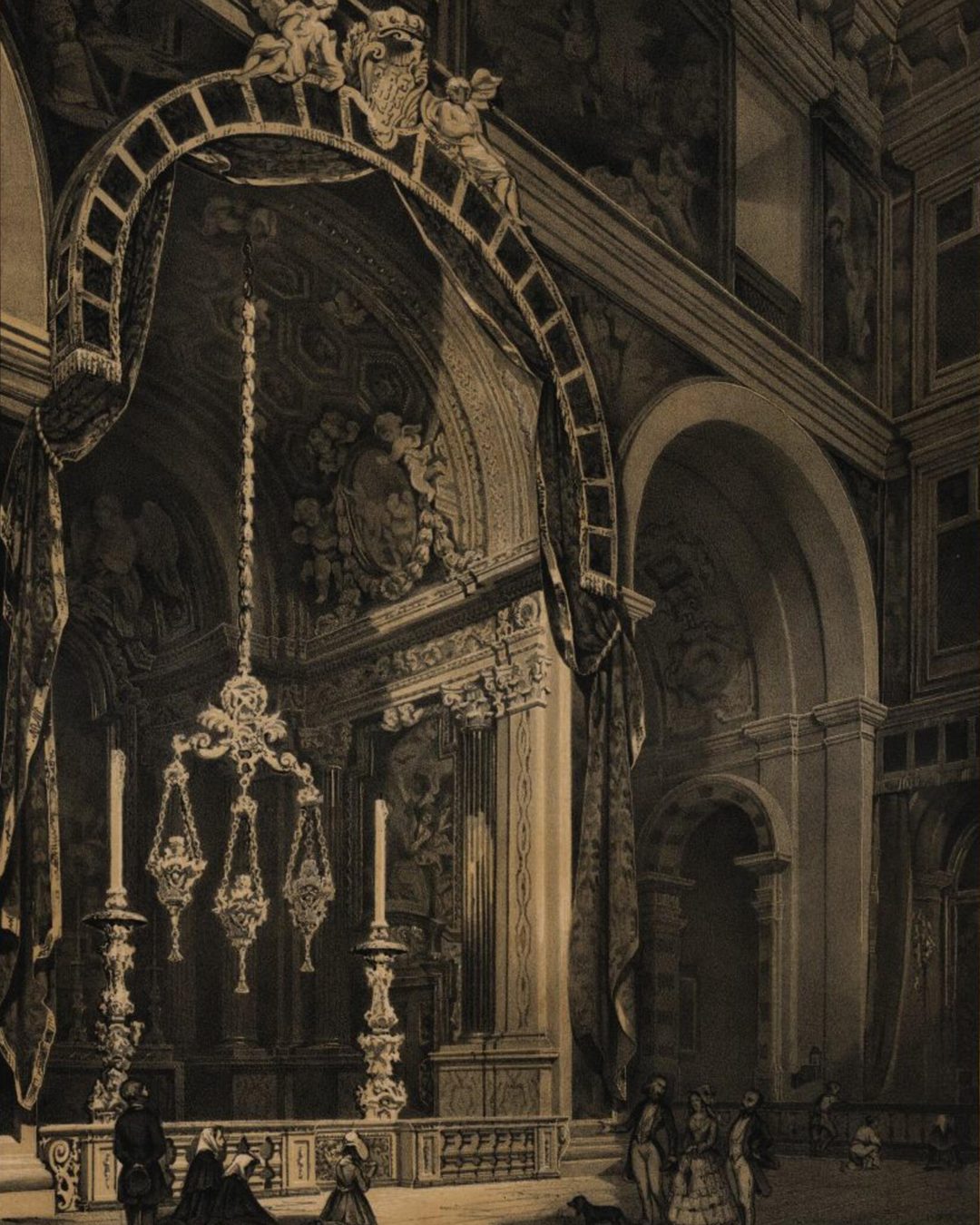 A Capela de São João Baptista em São Roque numa litografia de Monteiro, com figuras de Leberthais, impressa em 1847 (Biblioteca Nacional de Portugal, domínio público).