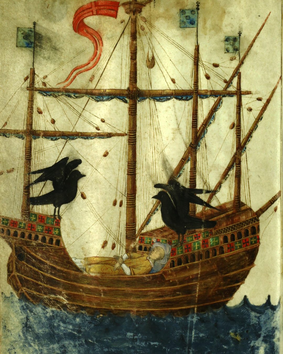 A barca de São Vicente no Livro Carmesim, o regimento da Câmara de Lisboa concluído a 30 de agosto de 1502 por Frei Gonçalo: o corpo do santo, vestido de diácono, numa nau de quatro mastros, com um corvo à proa e outro à popa. Para o investigador José Manuel Garcia, é a mais antiga representação de uma nau de quatro mastros conhecida na pintura portuguesa (Google Art Project, Wikimedia Commons, domínio público).