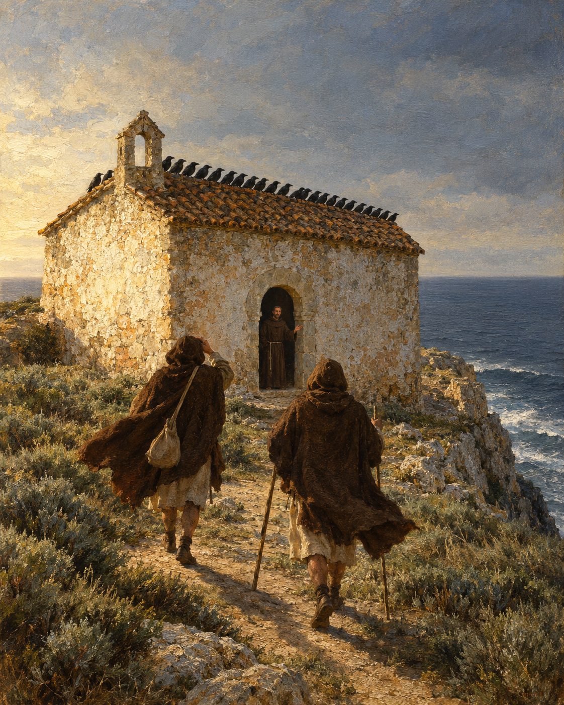Evocação pintada da igreja do Corvo tal como al-Idrisi a descreve em 1154: uma igreja cristã num promontório sobre o oceano, peregrinos, e no cimo do edifício os corvos que, escreve ele, nunca ninguém viu faltar (dez, segundo o texto; a pintura não os conta). Da igreja nada sobrevive (evocação, não vista do lugar; figuras genéricas, não retratos).