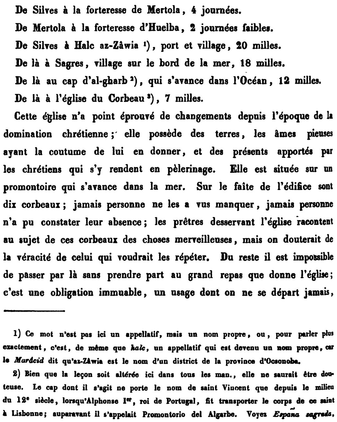 A passagem de al-Idrisi sobre a igreja do Corvo, na tradução francesa de Dozy e De Goeje (Leiden, 1866): «De là à l'église du Corbeau, 7 milles» e «Sur le faîte de l'édifice sont dix corbeaux; jamais personne ne les a vus manquer» (Internet Archive, domínio público).