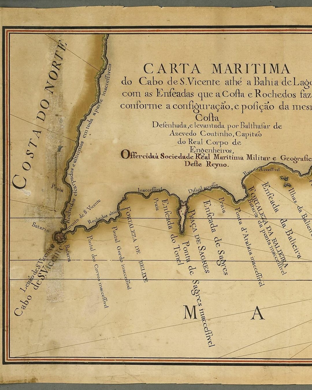 O extremo do Algarve na carta marítima de Baltasar de Azevedo Coutinho, desenhada entre 1798 e 1807: a ponta de Sagres e o cabo de São Vicente, a costa que al-Idrisi media em milhas até à igreja do Corvo (Biblioteca Nacional de Portugal, domínio público).