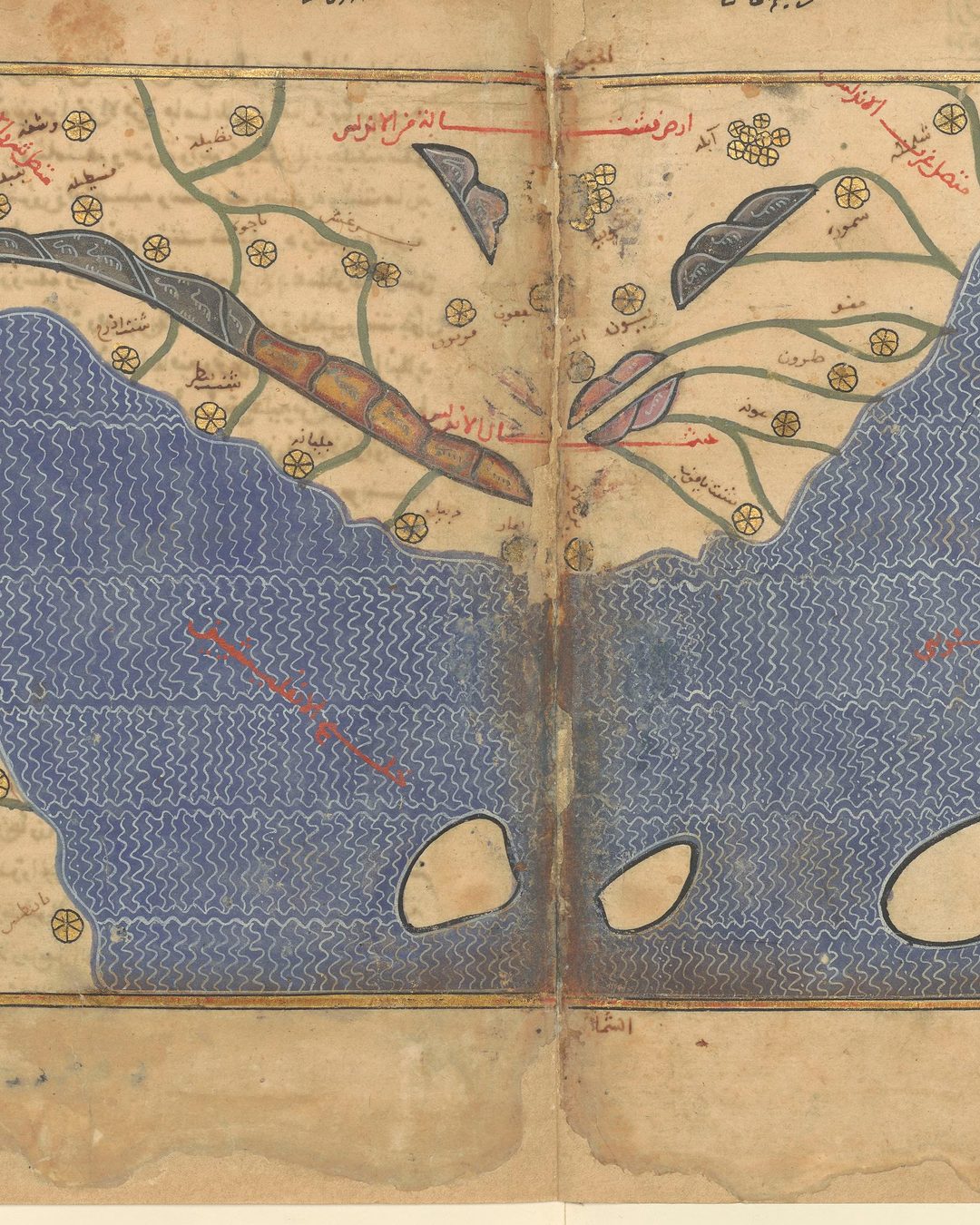 Um dos mapas do livro que al-Idrisi compôs para Rogério II da Sicília, numa cópia manuscrita medieval, que a Biblioteca Nacional de França data entre 1250 e 1325: o noroeste da Península, desenhado com o sul para cima (Bibliothèque nationale de France, Arabe 2221, Wikimedia Commons, domínio público).