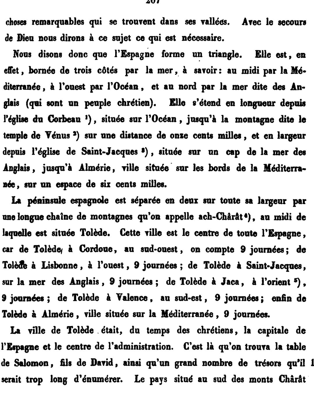 A Península medida a partir do cabo: al-Idrisi escreve que ela se estende em comprimento «depuis l'église du Corbeau, située sur l'Océan», por mil e cem milhas (tradução de Dozy e De Goeje, Leiden, 1866; Internet Archive, domínio público).