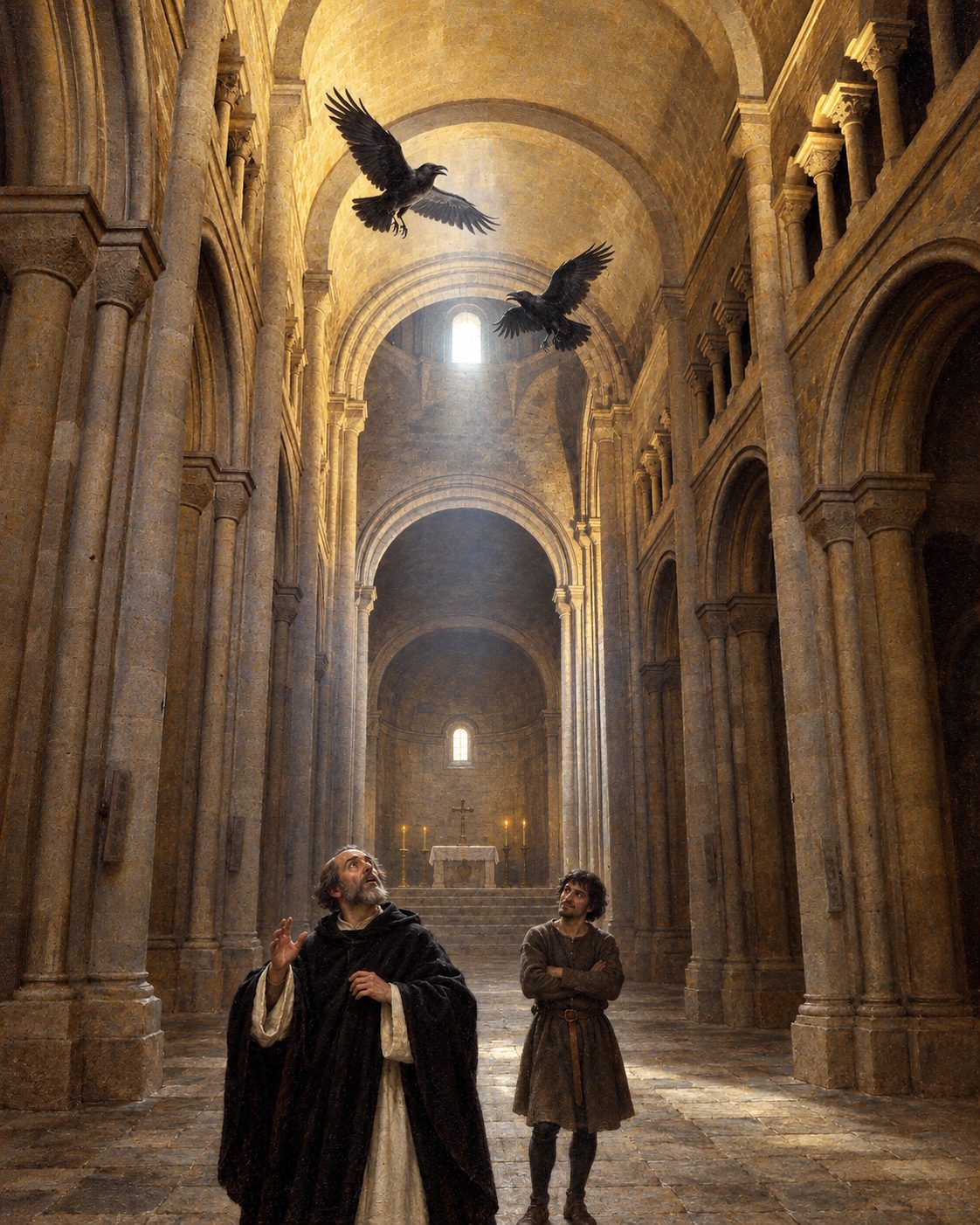 Evocação pintada da nave da Sé de Lisboa, com o altar-mor de hoje trocado por uma ábside simples: Mestre Estêvão, chantre da Sé, escreve que muitos viram dois corvos a voar sob os arcos e a abóbada da igreja, e que houve quem troçasse disso (a partir de uma fotografia real de Palickap (CC BY-SA 4.0); figuras genéricas, não retratos).