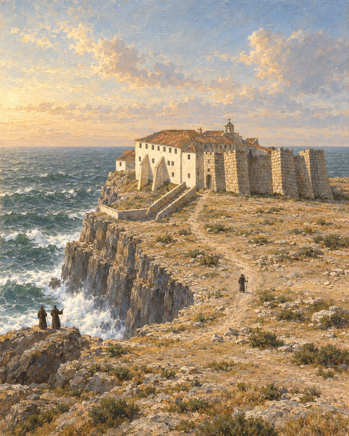 Pintura do cabo de São Vicente a partir da gravura publicada no jornal O Panorama em 1842, com o mosteiro e o pequeno forte que o protegia. Da igreja do Corvo de que falava al-Idrisi nada sobrevive (gravura original de domínio público; figuras genéricas, não retratos).