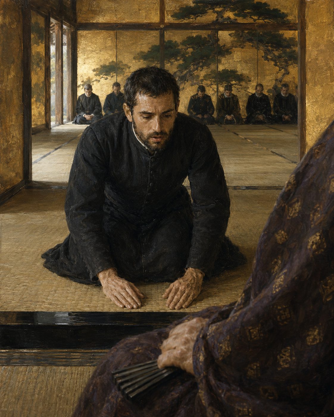 Evocação pintada da audiência de 1591 no palácio de Jurakudai, em Miyaco, a atual Quioto. O visitador Alessandro Valignano levou ao regente Toyotomi Hideyoshi uma embaixada em nome do vice-rei da Índia, e o intérprete foi João Rodrigues, de Sernancelhe. Hideyoshi ficou tão impressionado com a fluência dele que o isentou do édito de 1587. Figuras genéricas de época, não retratos.