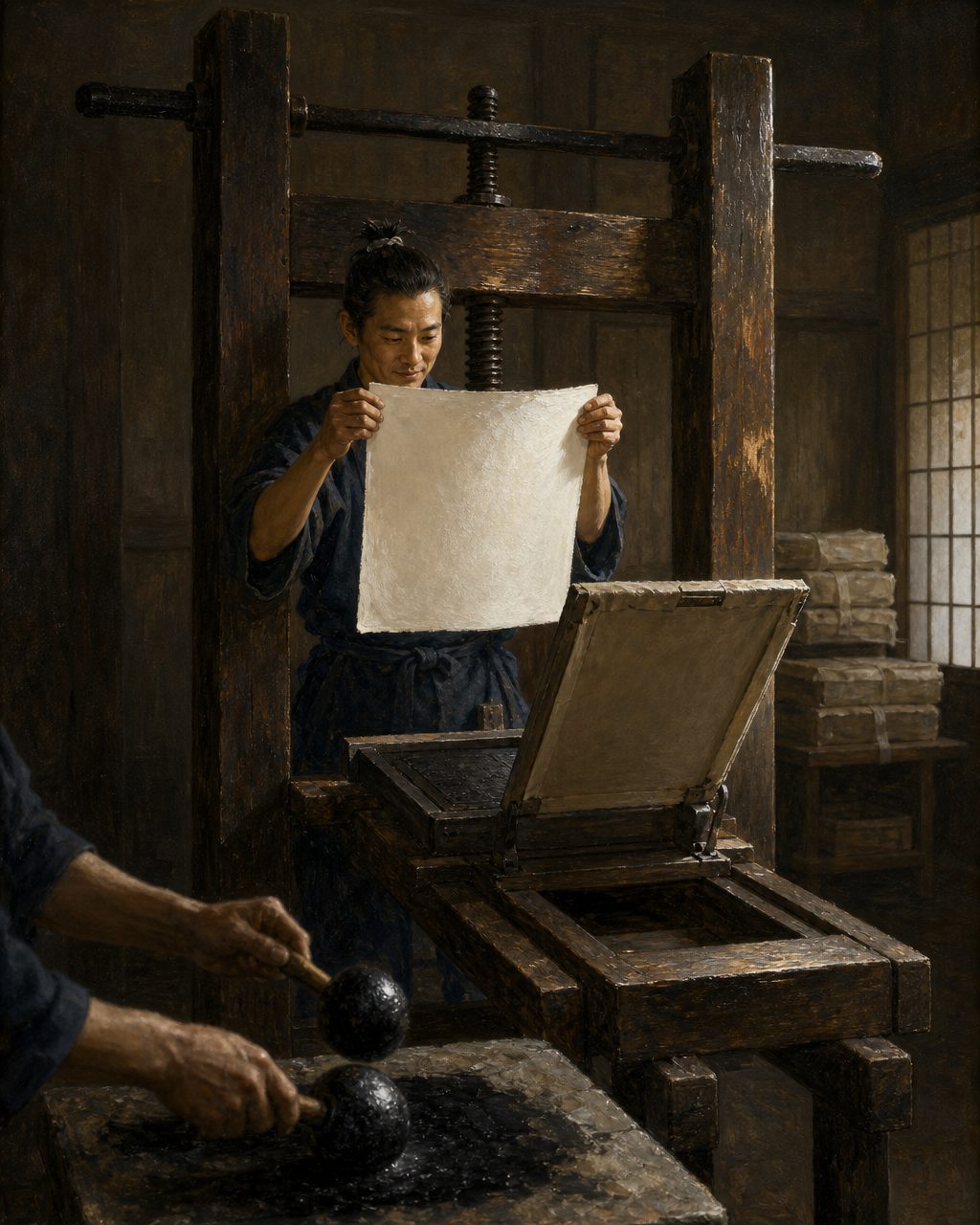 Evocação pintada da imprensa de tipos móveis que os jesuítas fixaram no colégio de Nagasáqui em 1597. Dela saiu, entre 1604 e 1608, a «Arte da Lingoa de Iapam», com o nome do padre João Rodrigues na página de rosto: a mais antiga gramática do japonês que chegou até nós. Figuras genéricas de época, não retratos.