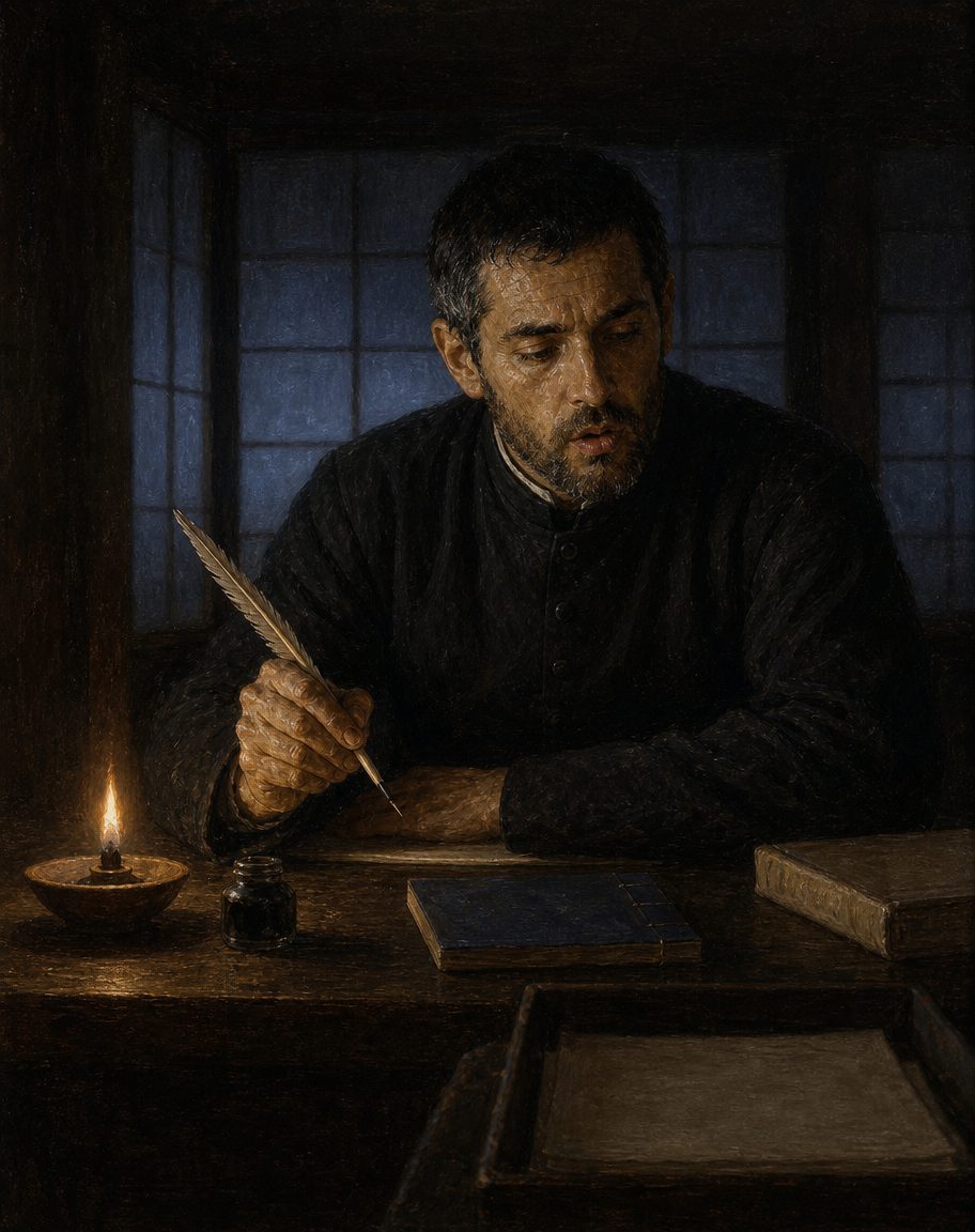 Evocação pintada de João Rodrigues a escrever, no Japão, no início do século XVII. A «Arte» está escrita em português, com o japonês em letra latina, numa escrita feita inteiramente pelo som. Figura genérica de época, não retrato.