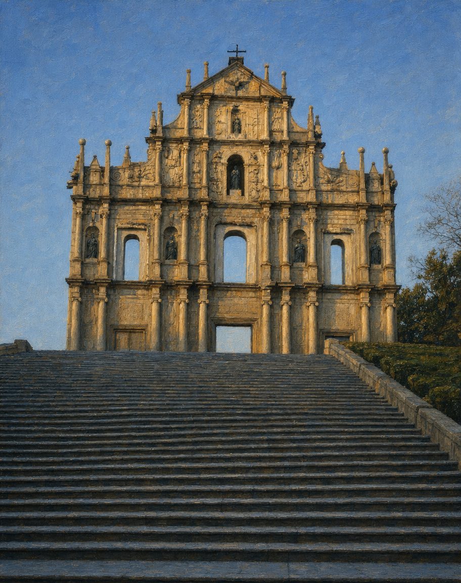 Pintura das Ruínas de São Paulo, em Macau, como estão hoje: a fachada da igreja da Madre de Deus, dos jesuítas, construída entre 1602 e 1640 e destruída, com o colégio ao lado, por um incêndio em 1835. Os jesuítas da província do Japão passaram para esse colégio depois de 1614, e foi aí o centro da atividade de João Rodrigues nos anos que lhe restavam. Rodrigues morreu em 1633; a igreja só ficou acabada depois. A partir de uma fotografia real de shankar s. (CC BY 2.0).