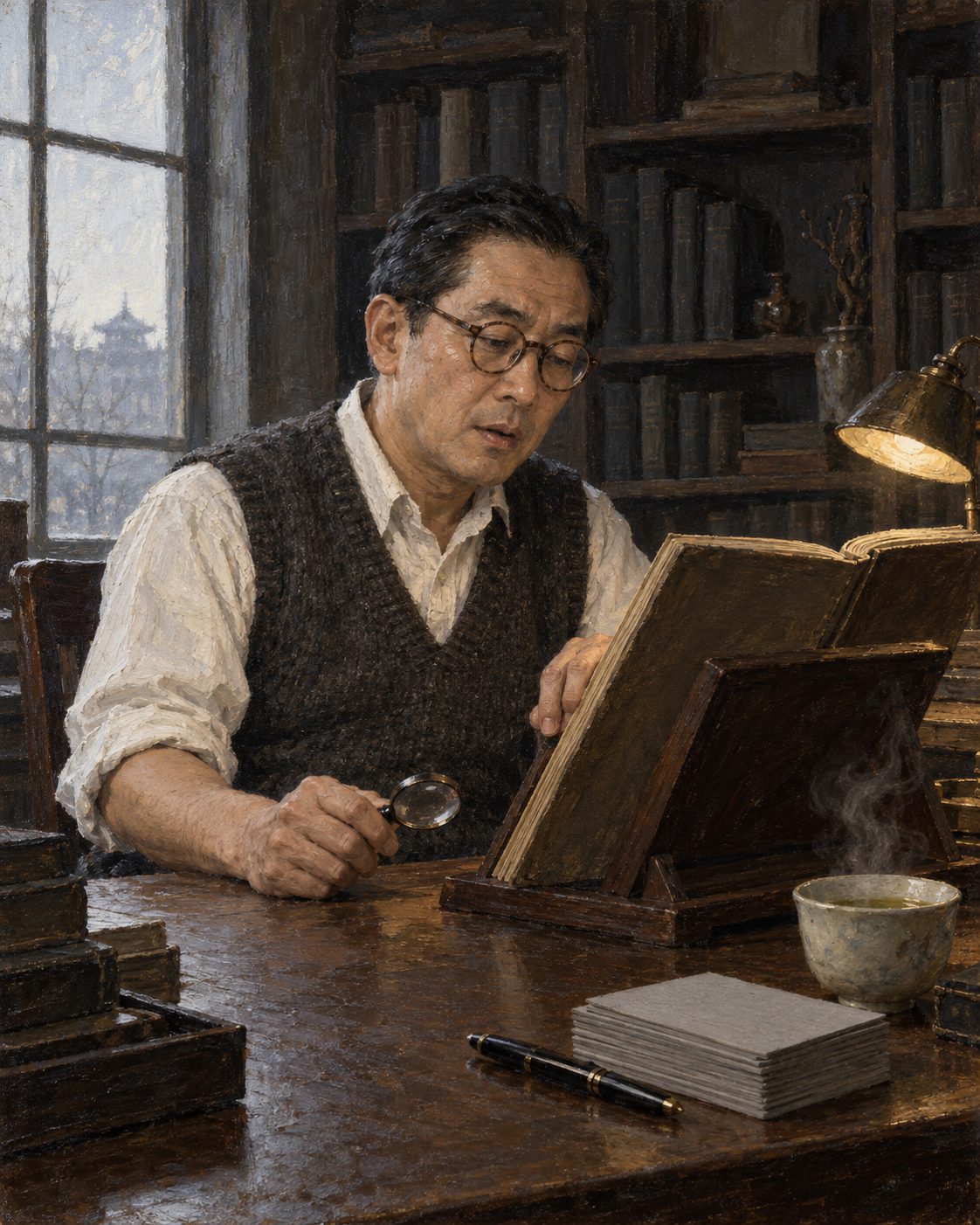 Evocação pintada de um filólogo japonês nos anos cinquenta. Em 1955, Doi Tadao publicou em Tóquio a tradução anotada da gramática, «Nihon Daibunten», a gramática grande do Japão. No mesmo ano, na revista «Kokugogaku», Morita Takeshi escrevia que, pelas descrições da «Arte», se sabe que a gente de Quioto já confundia as sílabas de que Rodrigues falava. Figura genérica, não retrato.