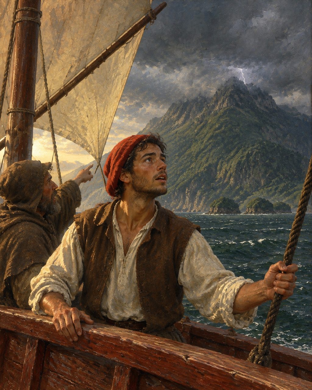 Pintura de marinheiros de uma caravela portuguesa diante de uma serra altíssima, de encostas cobertas de mata, com trovoada no cume cercado de nuvens e três ilhotas defronte, como Cadamosto descreve a Serra Leoa (figuras genéricas, não retratos).