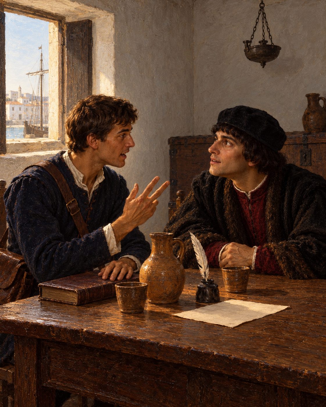 Pintura de um jovem escrivão português a contar, ponto por ponto, a um mercador veneziano, numa casa de Lagos, as terras que as caravelas de Pêro de Sintra descobriram e os nomes que lhes puseram (figuras genéricas, não retratos).