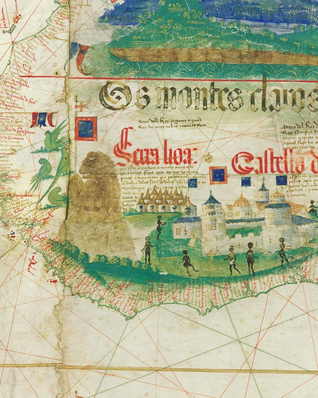 A costa ocidental de África no planisfério português de 1502, com as serras pintadas, os nomes escritos ao longo da costa e, à esquerda, a Serra Leoa com o seu leão (Biblioteca Estense Universitaria, Módena; Wikimedia Commons, domínio público).