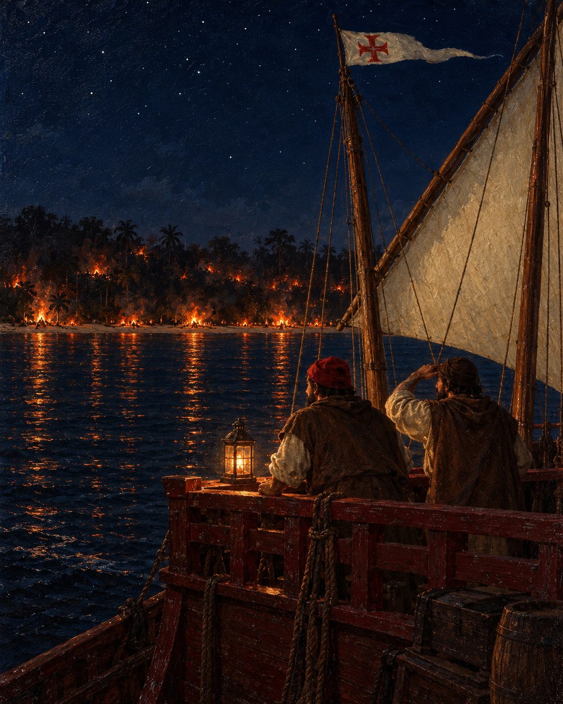 Pintura de marinheiros de uma caravela portuguesa a ver, de noite, muitos fogos acesos nas árvores e pela praia pela gente da terra, como conta Cadamosto (figuras genéricas, não retratos).