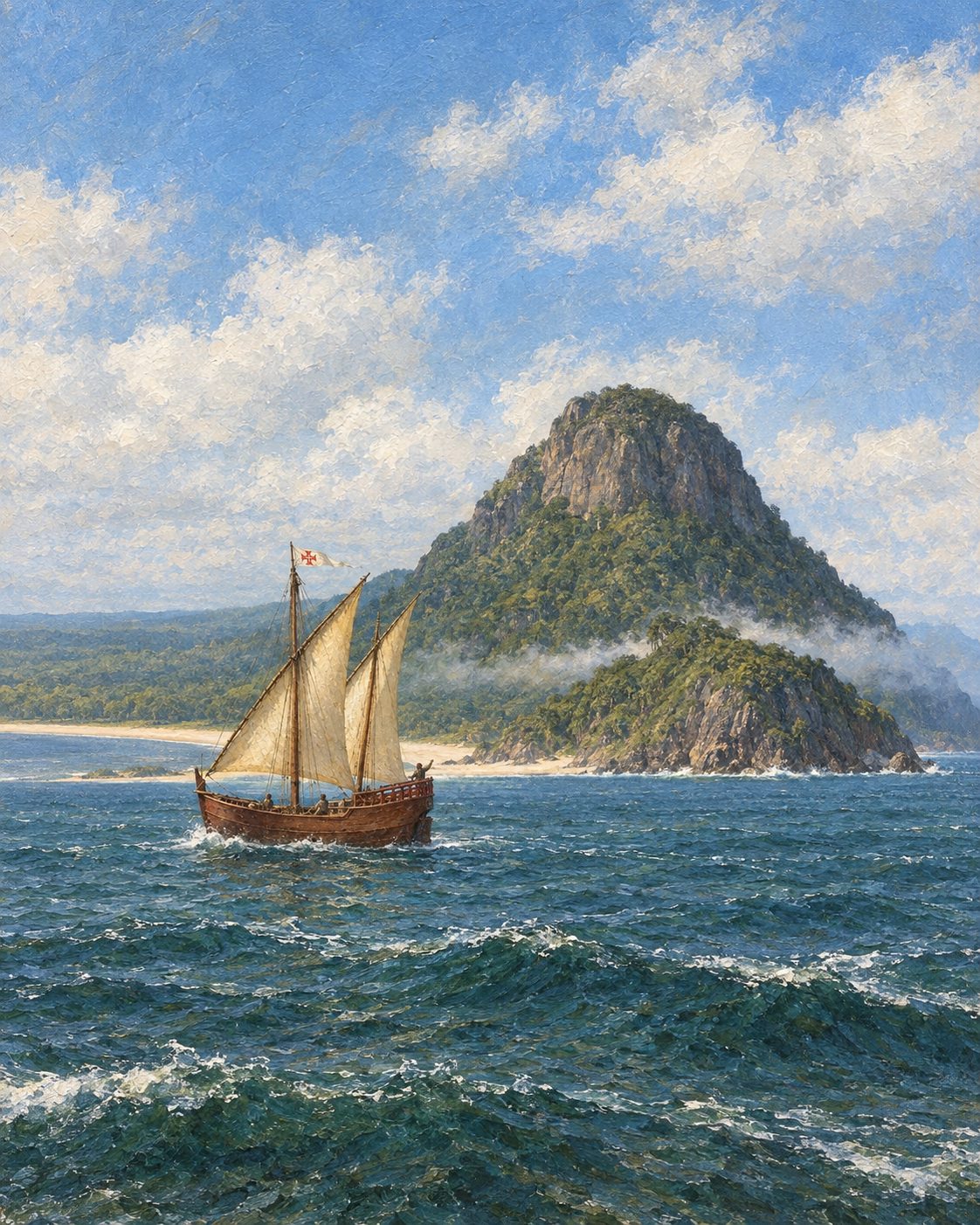 Pintura de uma caravela portuguesa diante de um cabo alto que entra pelo mar, como o Cabo do Monte que as caravelas de Pêro de Sintra nomearam, hoje Cape Mount, na Libéria (evocação, não vista do lugar).