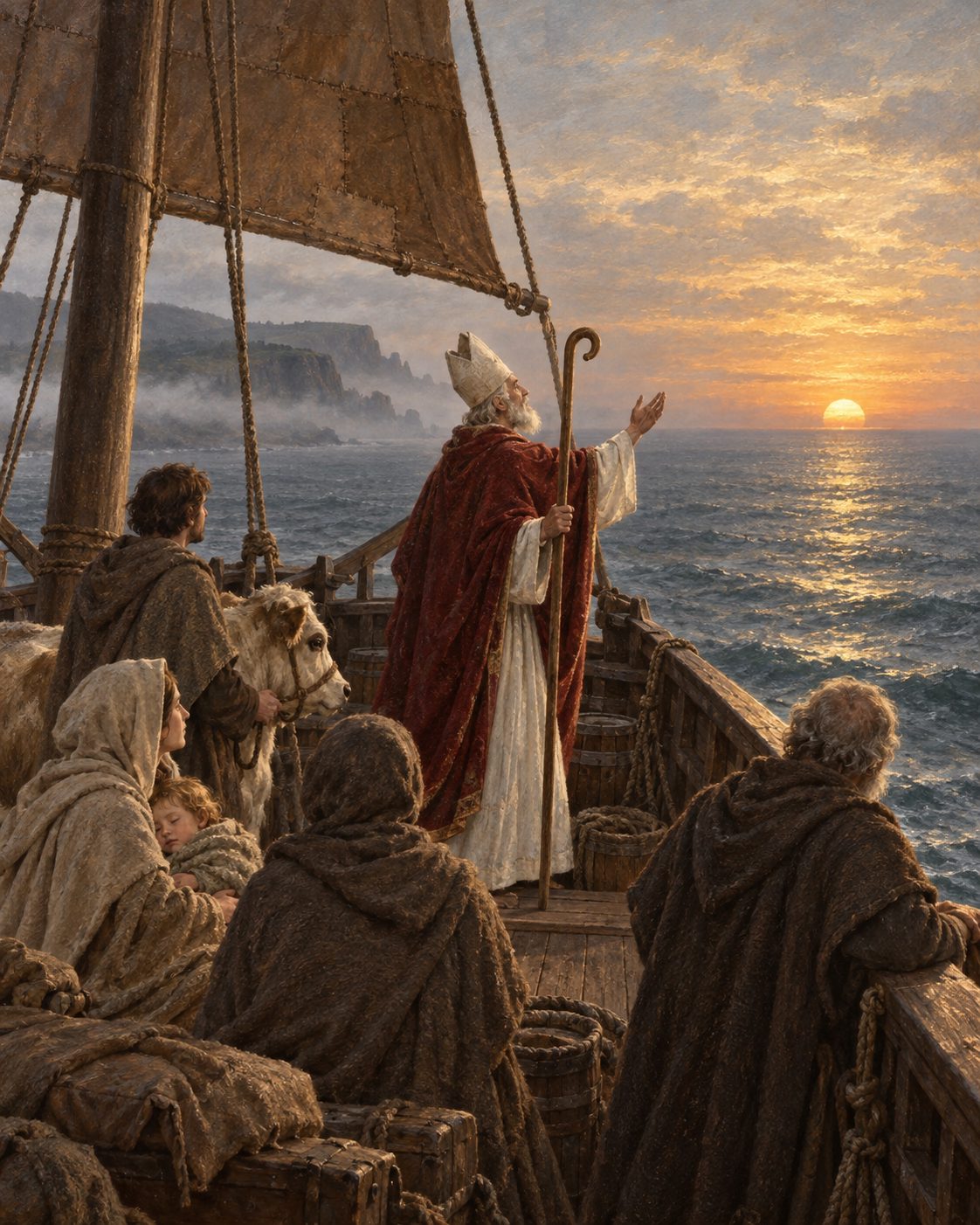 Pintura da lenda contada na legenda do globo de Behaim: um arcebispo do Porto e cristãos, homens e mulheres, a fugir pelo mar com o seu gado; a legenda junta-lhe seis bispos (evocação de uma lenda; figuras genéricas, não retratos).