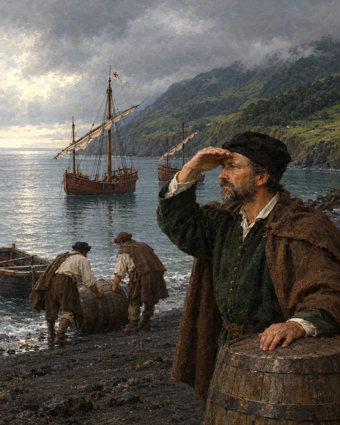 Pintura de duas caravelas fundeadas numa baía dos Açores e de homens a carregar barris, como as que Fernão Dulmo e João Afonso do Estreito deviam ter prontas na Terceira em março de 1487 (evocação; figuras genéricas, não retratos).