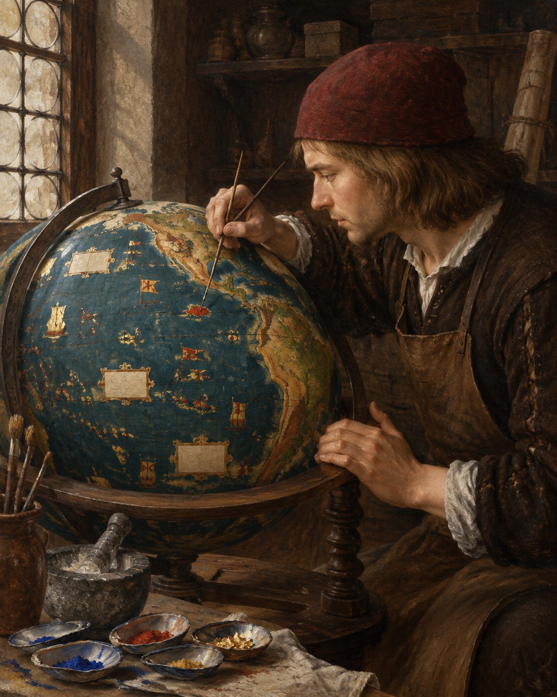 Pintura de um pintor a trabalhar num globo terrestre, numa oficina de Nuremberga por volta de 1492, quando ali se acabou o globo de Martin Behaim (evocação; figura genérica, não retrato).