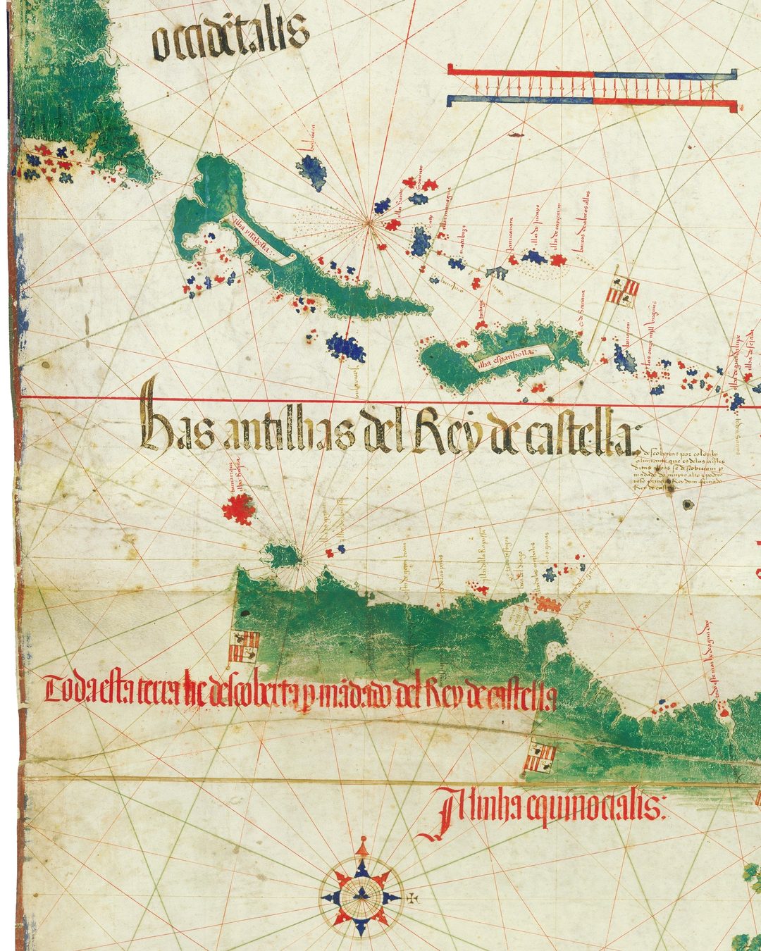 Pormenor do planisfério português de 1502, dito de Cantino: Cuba e a ilha Espanhola, ilhas que Colombo achou, e por baixo delas, em letras grandes, «has antilhas del Rey de castella» (Biblioteca Estense Universitaria, Módena; Wikimedia Commons, domínio público).