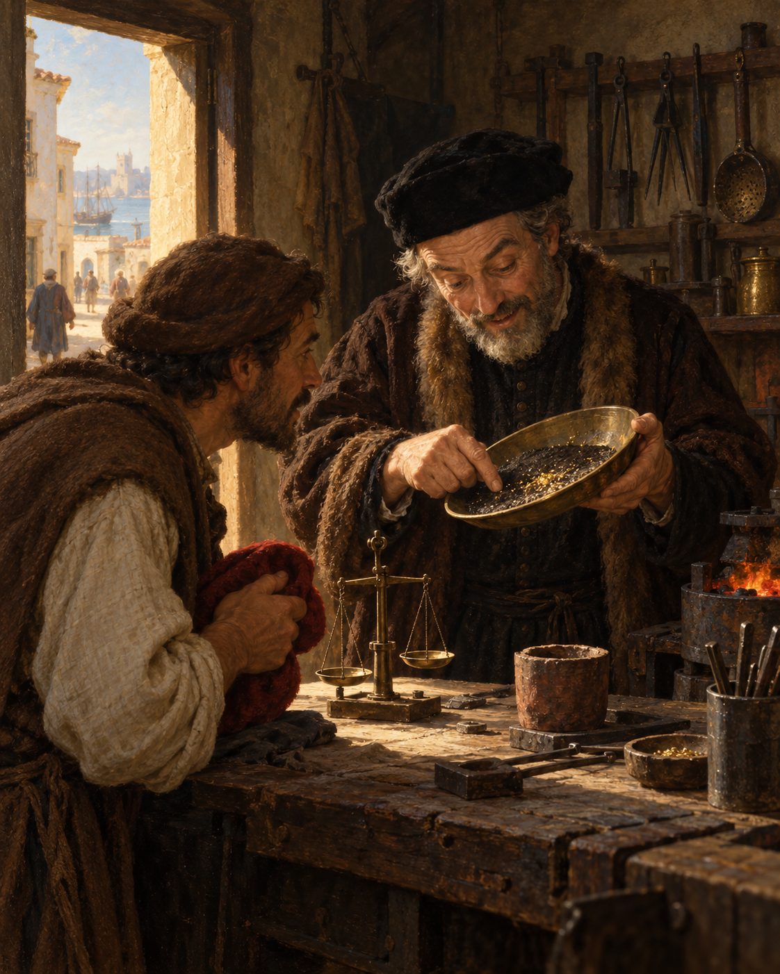 Pintura de um ourives de Lisboa a examinar a areia que, conta António Galvão, um contramestre trouxe da ilha das sete cidades, e da qual o ourives tirou bom ouro (evocação de uma história contada; figuras genéricas, não retratos).