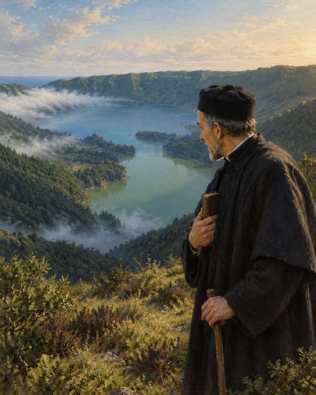 Pintura de um padre do século XVI a olhar, do alto, para a caldeira das Sete Cidades, em São Miguel, como Gaspar Frutuoso a descreveu no fim desse século (figura genérica, não retrato), a partir de uma fotografia real de Samuel Monteiro Domingues (CC BY-SA 4.0).