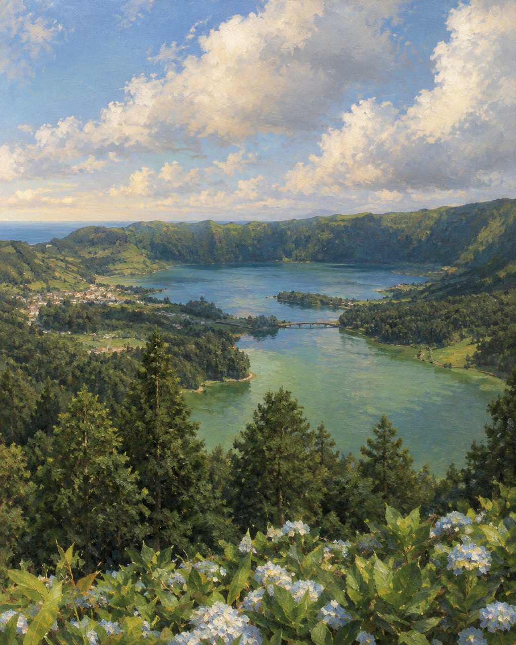 Pintura da caldeira das Sete Cidades, em São Miguel, vista do miradouro da Vista do Rei: a Lagoa Verde à frente, a ponte e a Lagoa Azul ao fundo, com a povoação na margem, a partir de uma fotografia real de Samuel Monteiro Domingues (CC BY-SA 4.0).