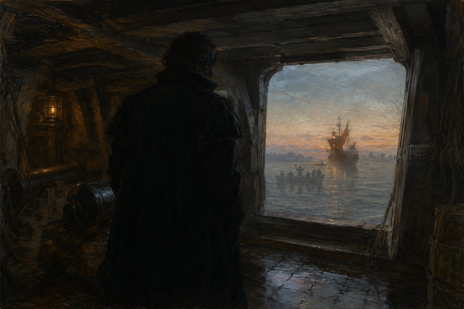 «O almirante via o que se passava por uma escotilha.» Da abertura, Vasco da Gama observava o navio de peregrinos. Palavras do escrivão Tomé Lopes, testemunha ocular, 1502.
