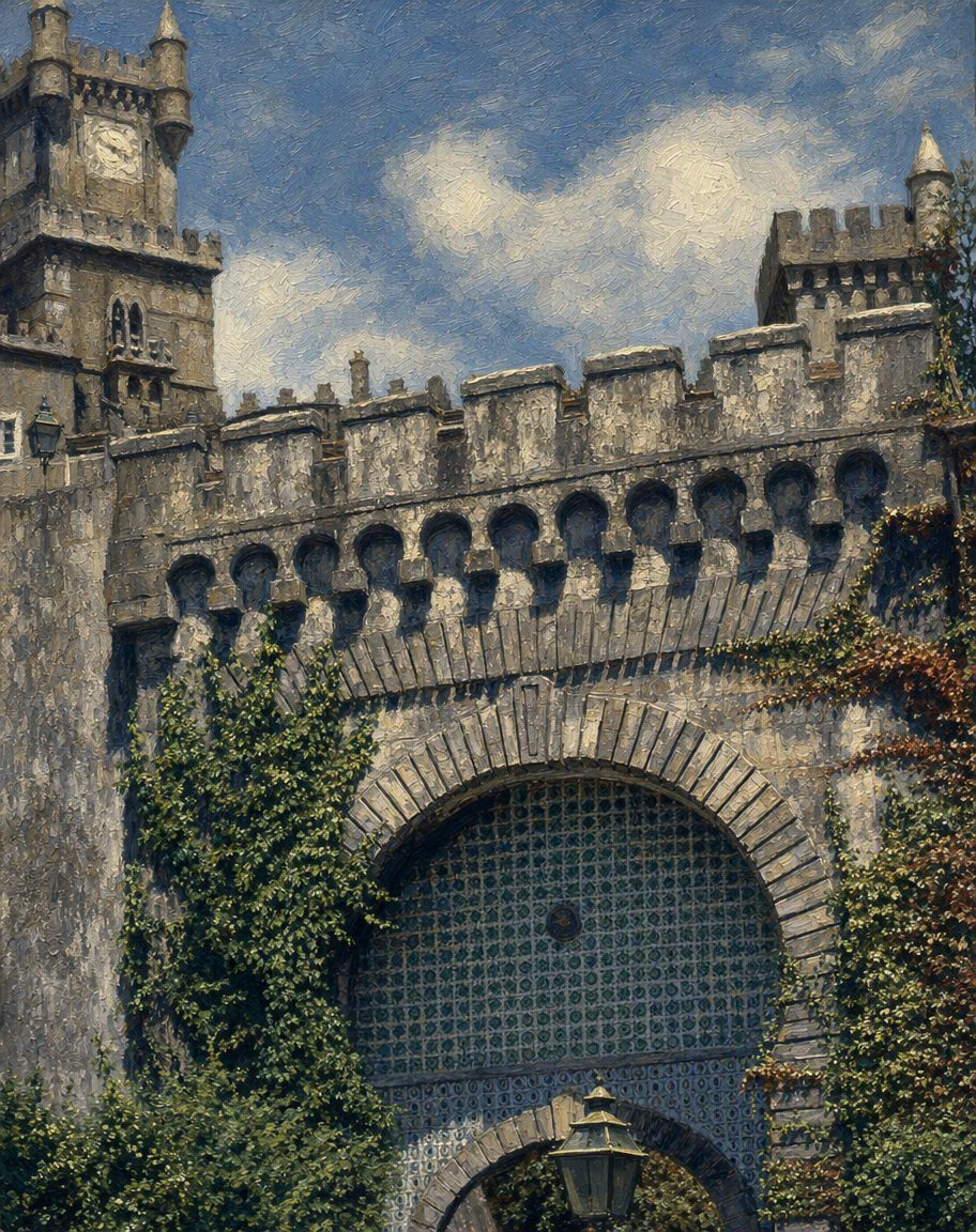 O Palácio da Pena fotografado a cores a 2 de agosto de 1967: as paredes rebocadas cinzentas, escurecidas e cobertas de hera, sem vermelho nem amarelo. Os azulejos do arco mantinham o azul e o verde. Pintura a partir de uma fotografia real de Daniel Villafruela (Wikimedia Commons, CC BY-SA 4.0).