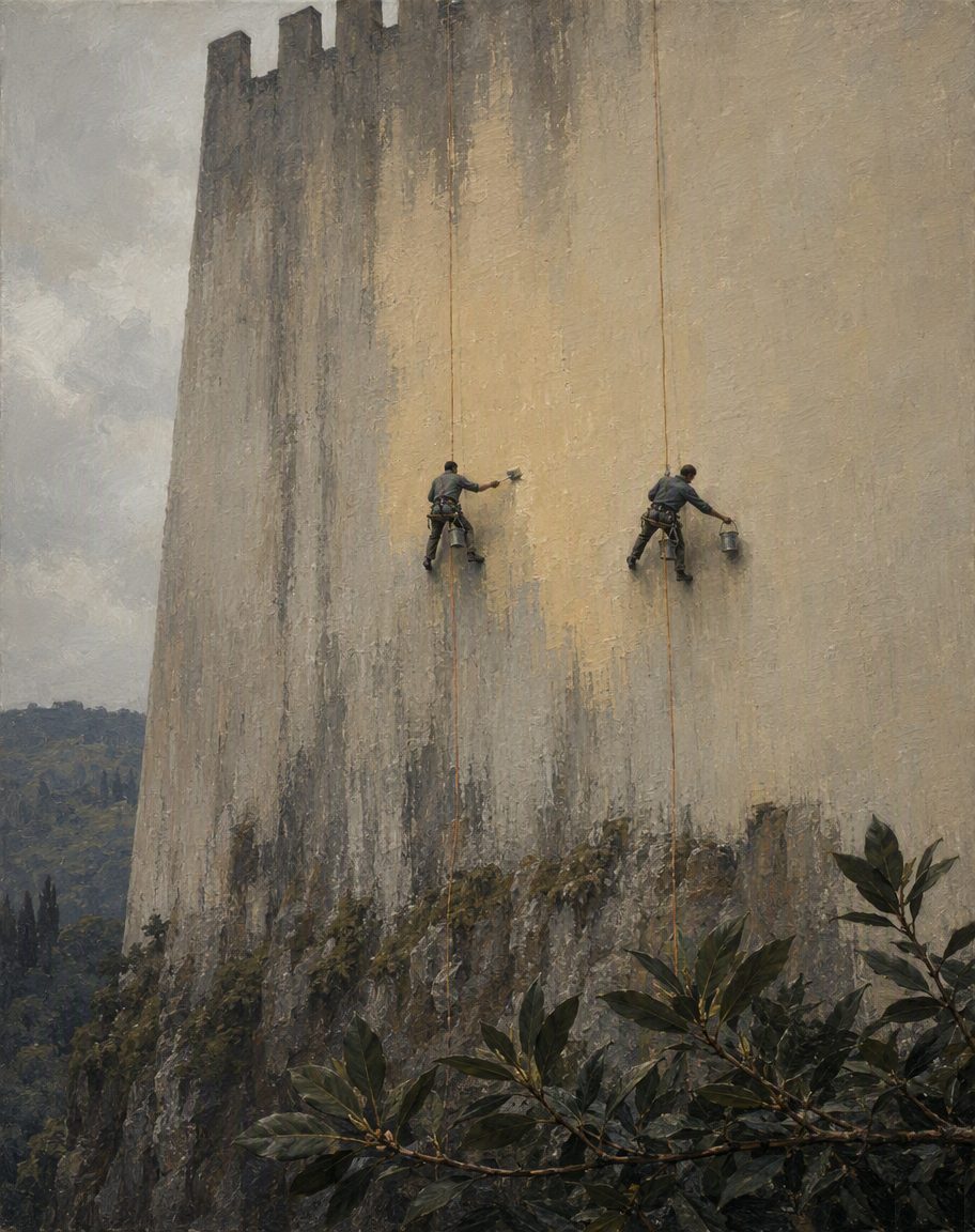 Havia zonas onde não era possível montar andaimes, porque o muro assenta em escarpa. A campanha das fachadas levou dois anos de projeto e oito meses de obra, e custou à volta de trezentos mil euros. Evocação pintada do trabalho em cordas sobre uma parede caiada; não representa um troço identificado do palácio. Pintura.