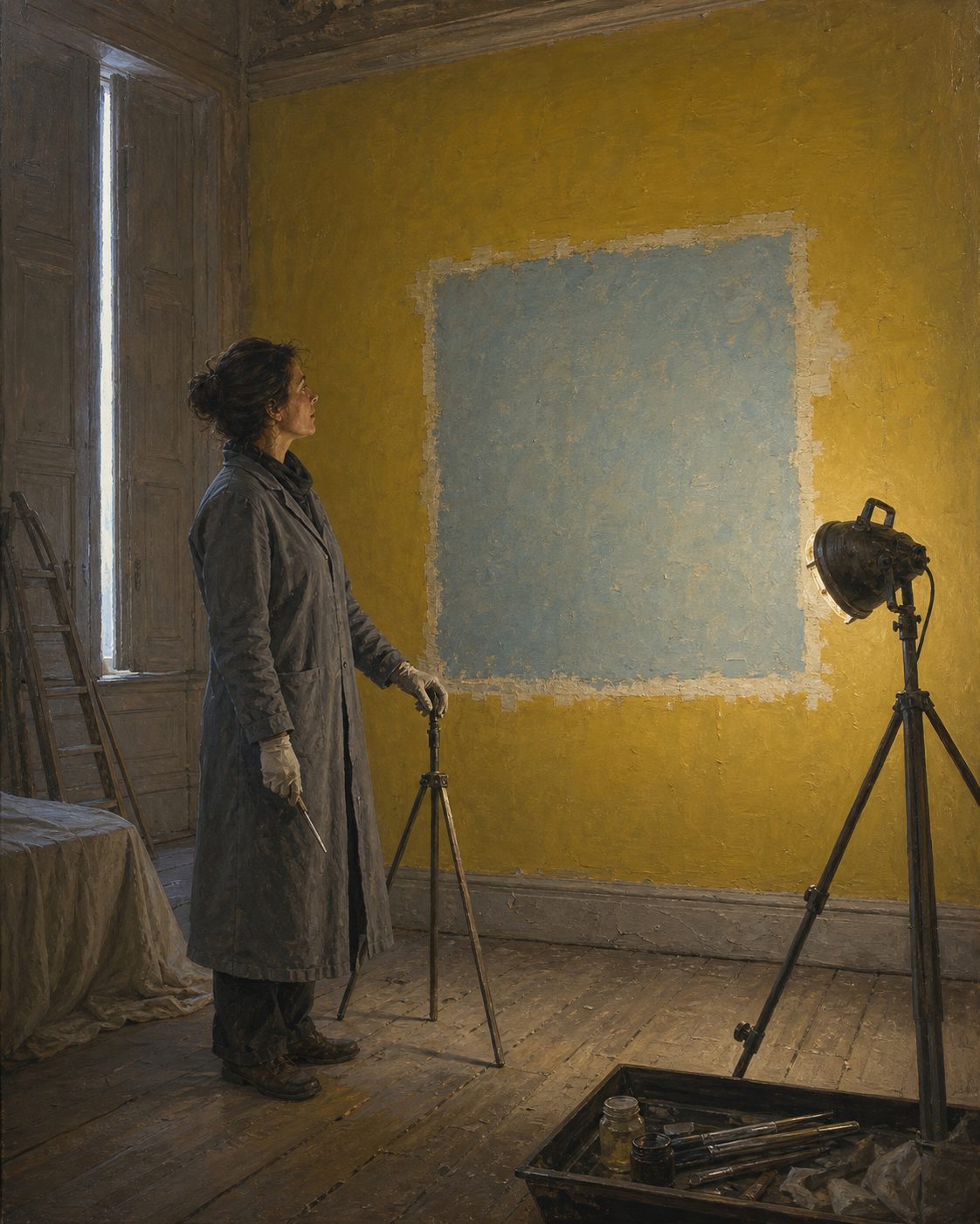 No Quarto das Damas, as sondagens nas paredes mostraram que, sob uma pintura de amarelo intenso aplicada no século XX, persistiam vestígios do azul-seco que a investigação histórica dá como a cor escolhida para o espaço na última campanha decorativa do tempo em que a família real habitou o palácio. A camada do século passado foi removida e o azul reposto. Aquele compartimento tinha sido o quarto de cama de D. Fernando II. Evocação pintada de uma sondagem; não retrata uma pessoa real. Pintura.