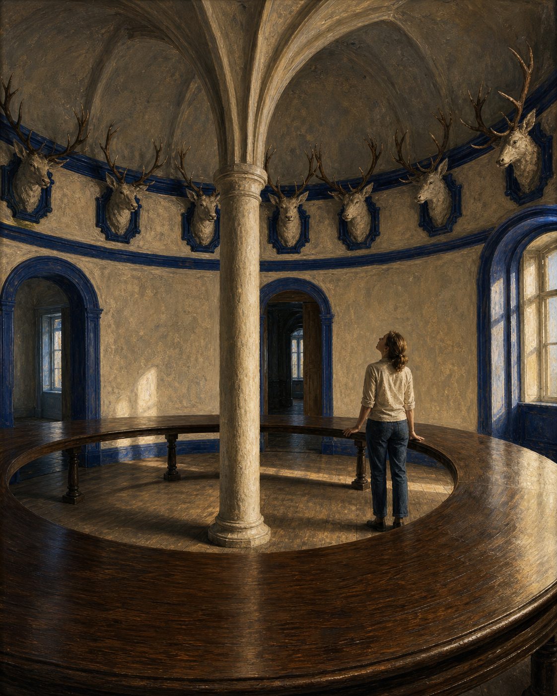 Na Sala dos Veados, a investigação apurou que, pelo menos até ao final de 1938, o espaço exibia tons de pedra nos elementos de estuque e emolduramentos em azul-ultramarino, e que intervenções posteriores anularam essas cores. A reposição exigiu a remoção manual das camadas de tinta que as ocultavam. A sala é circular, ocupa todo o torreão, e a cúpula descarrega sobre a coluna central, em redor da qual foi montada a mesa. Evocação pintada da sala devolvida a essas cores. Pintura.