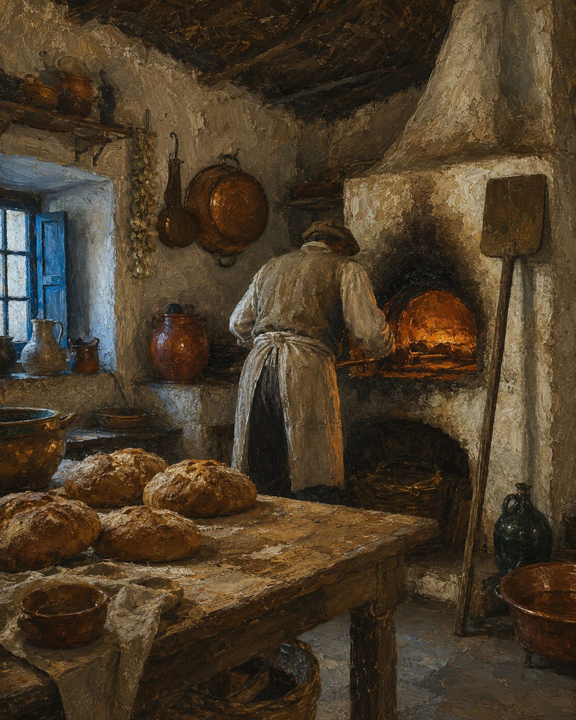 A cozinha saloia da aldeia não é um cenário parado: o forno de lenha coze pão verdadeiro todos os dias. A vida que ele guardou continua a acontecer dentro da réplica.