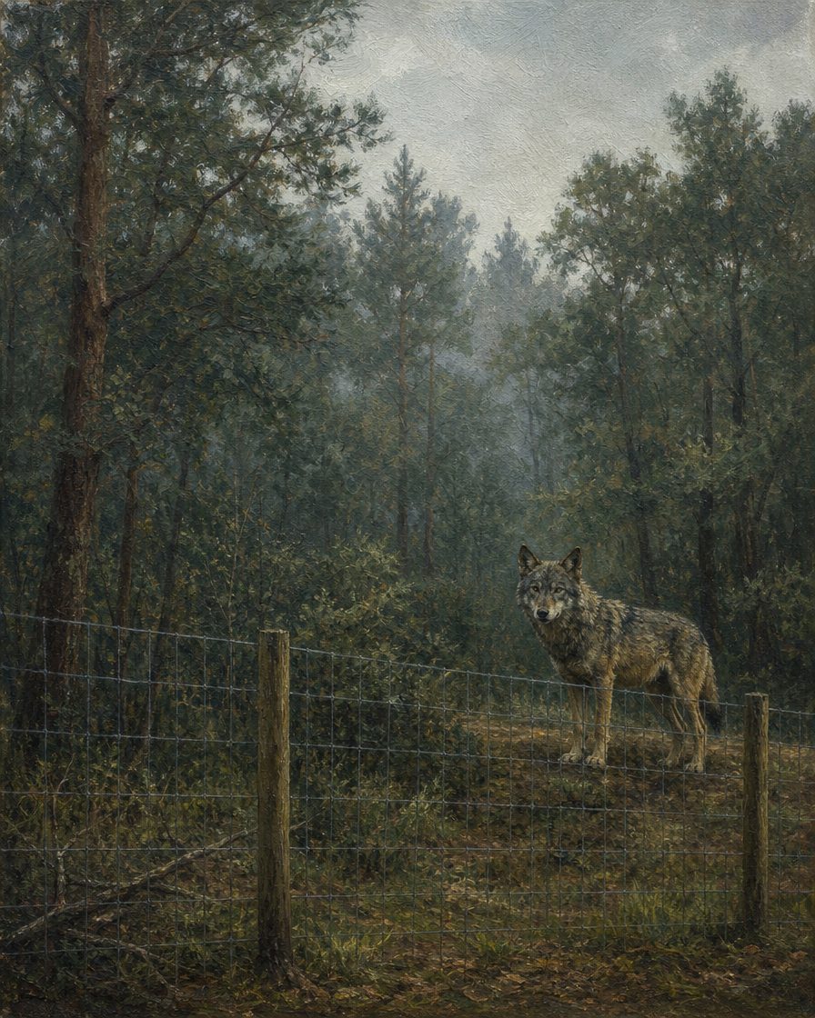 Um lobo-ibérico junto à vedação moderna do Centro de Recuperação do Lobo Ibérico — perto do muro histórico, mas nunca dentro dele.