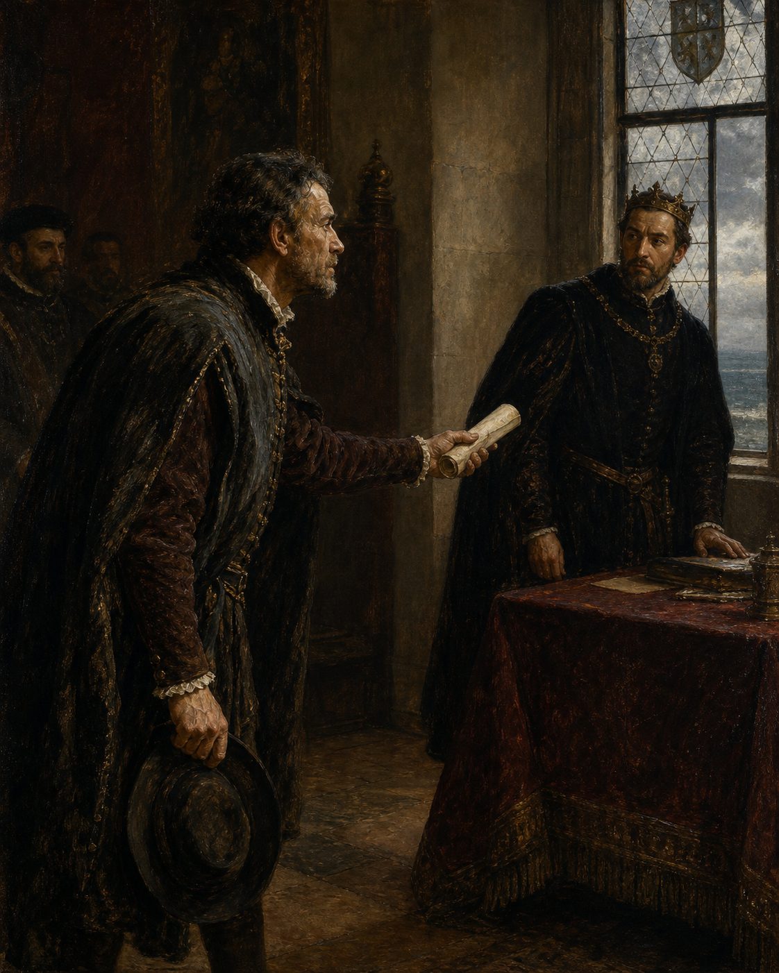 Angra, 1503. Vasco Anes Corte-Real pede ao rei D. Manuel I licença para navegar até à Terra Nova, à procura dos dois irmãos desaparecidos. O rei recusa. Pintura. evocação, não retrato.
