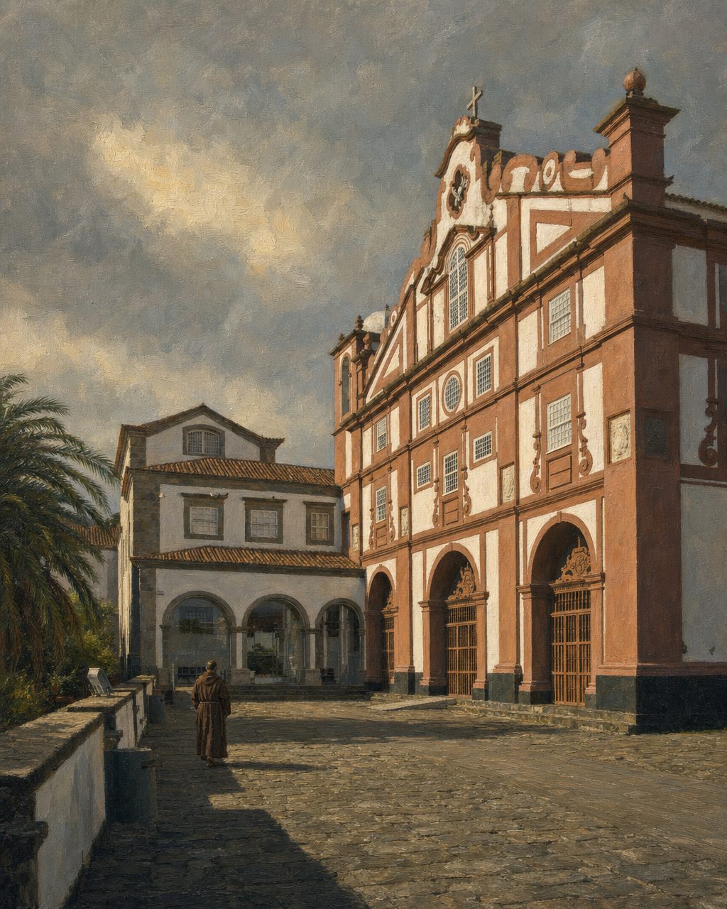 A Igreja de São Francisco, em Angra do Heroísmo, onde João Vaz Corte-Real, pai dos três irmãos, está sepultado na capela que ele próprio financiou. Pintura a partir de fotografia real.