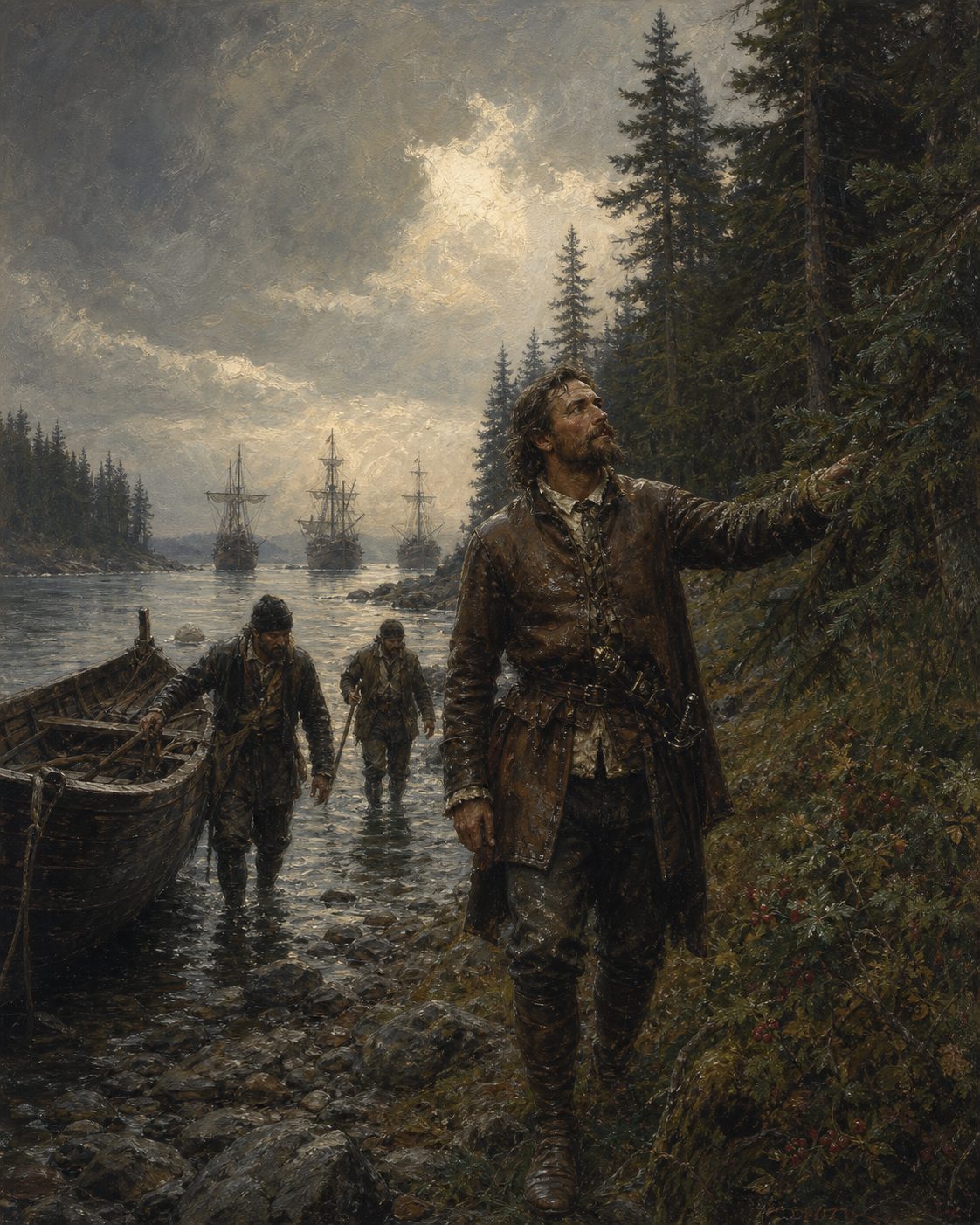 1501. Gaspar Corte-Real desembarca numa costa de pinheirais e fruto silvestre, algures entre a Terra Nova e o Labrador. Nunca mais regressaria. Pintura. evocação, não retrato.