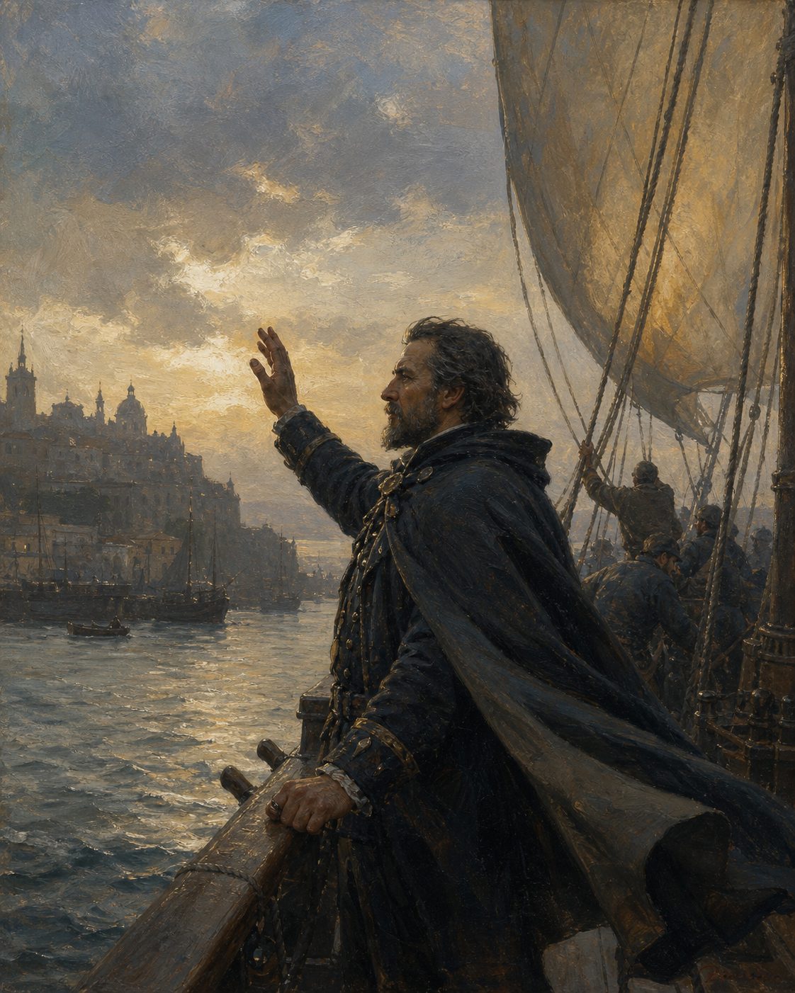 Maio de 1502. Miguel Corte-Real parte de Lisboa com três naus, decidido a encontrar o irmão desaparecido. Também ele nunca mais voltaria. Pintura. evocação, não retrato.