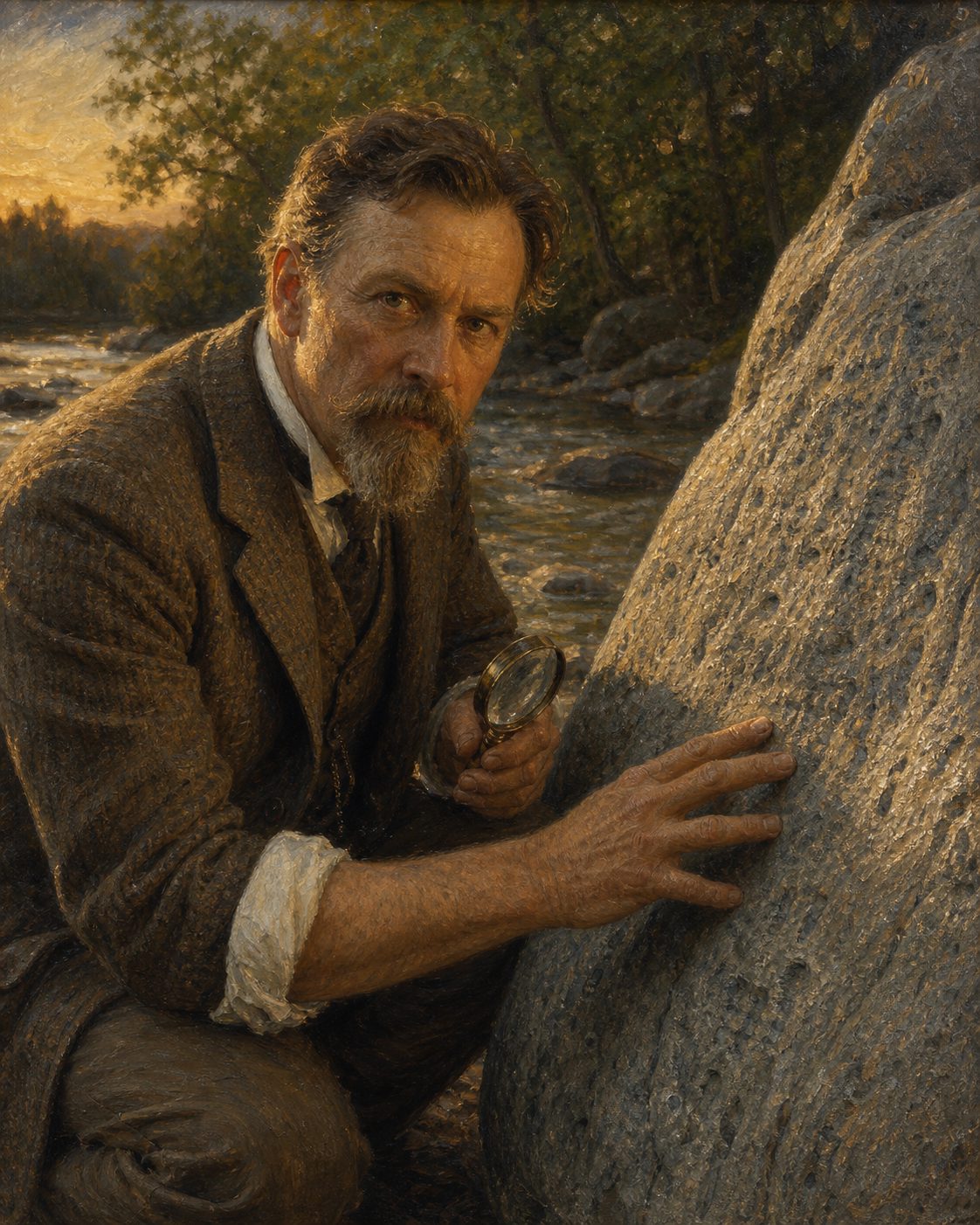 Massachusetts, 1912. O professor Edmund Delabarre acredita ter decifrado, numa pedra à beira-rio, a prova de que Miguel Corte-Real sobrevivera. Décadas depois, historiadores desfizeram a leitura. Pintura. evocação, não retrato.