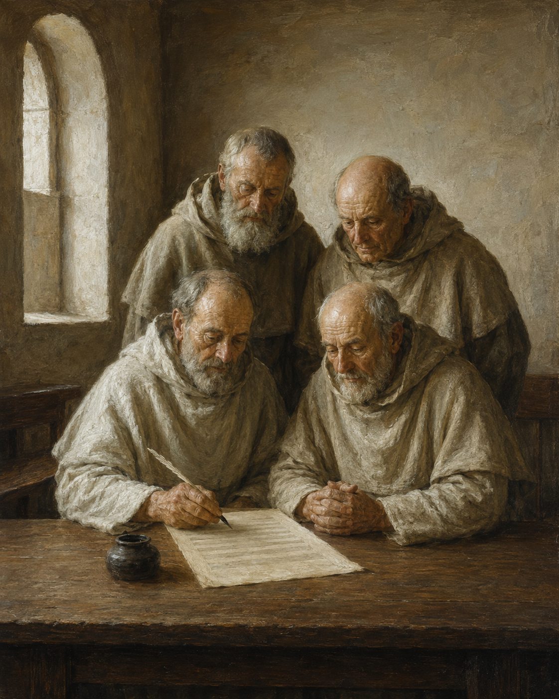 Evocação pintada dos quatro antigos templários documentados no Convento de Tomar, Afonso Esteves, Vicente Martins, Estêvão Peres e Pero de Pena, que, depois de a Ordem ter sido abolida, reclamaram por escrito a pensão prevista na bula de 6 de maio de 1312. Figuras genéricas, não retratos.
