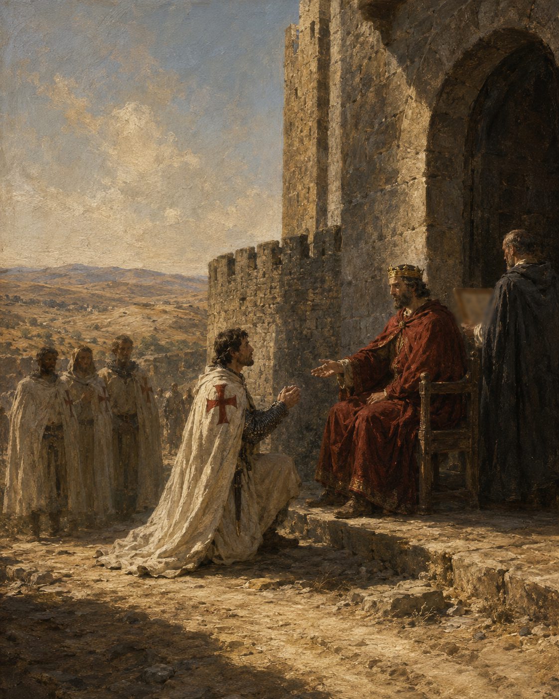 Evocação pintada da menagem que os freires e os mestres do Templo em Portugal faziam aos reis de Portugal pelas coisas que tinham no reino, num castelo de fronteira, no tempo em que a Ordem servia no reino. O costume está descrito nos artigos da inquirição régia de 1314. Figuras genéricas, não retratos.